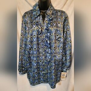 NWT JM Collection 16W blue green ruffle button front long 3/4 sleeve blouse top